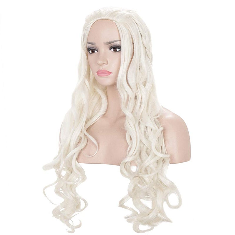 morvally Long Blonde Braided Cosplay Wig Womens Blond Wavy Curly Synthetic Hair Wigs for Halloween Costume Party(Light Blonde) - Image 3
